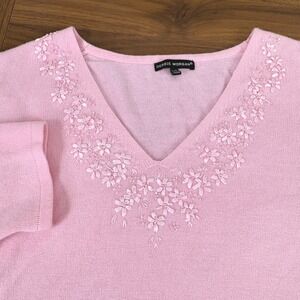 Debbie Morgan Pink V Neck Long Sleeve Sweater Floral Beaded Embellishment Size L